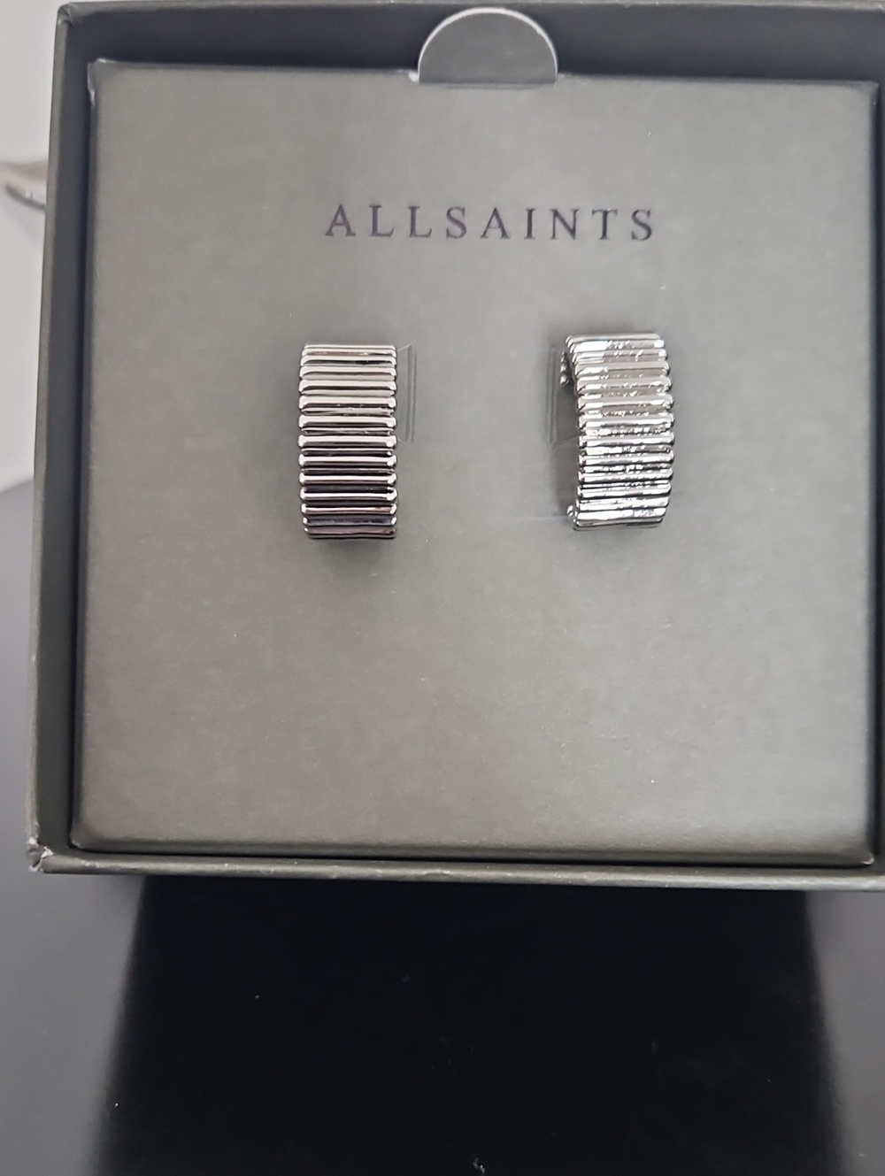All Saints Silver, Post Back, Textured, Semi Hoop Earrings, NIB - GIFTABLE